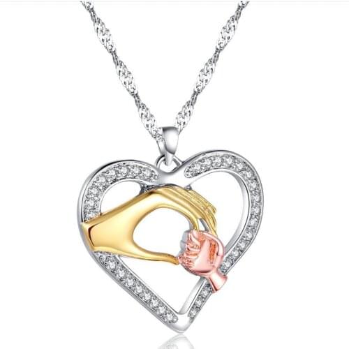 Hainon Fashion MOM Heart Shape Inlaid Crystal Pendant Necklace Mothers Day Gift High Quality Hand in Hand Silver Color Chain