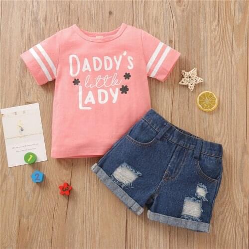 Girls Two Piece Set Childrens Round Neck Letter Print Top T-Shirt Elastic Waistband Denim Shorts