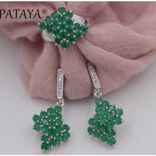 PATAYA Green Round Natural Zirconia Long Earrings Ring Sets Women Multicolor Wedding True White Gold Luxury Bride Jewelry Set