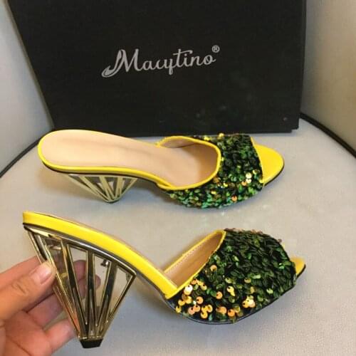 Summer Wedge Heel Slides Open Toe Slippers Shoes Women Formal Party High Heels Bling Bling Sequined Shoes Plus Size Mules