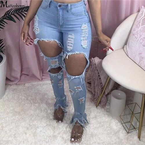 Summer Women Washed Ripped Jeans Fashion Sexy High Waist Skinny Denim Jeans Black Hollow Out Bleached Pencil Pants Plus Size