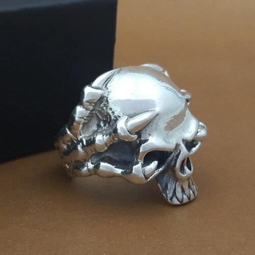 S925 Sterling Silver Ornaments Handcrafted Retro Thai Silver Personal Ring Men Skulls Skeleton Fashion Ring