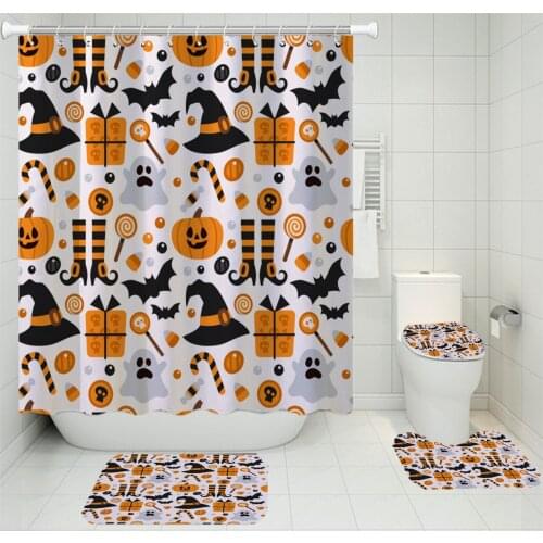 4 Pieces Halloween Bath Sets Pumpkin/Hat Gift Shower Curtain Terror Style Toilet Mat 3D Print U-shaped Pad Washable Floor Rugs