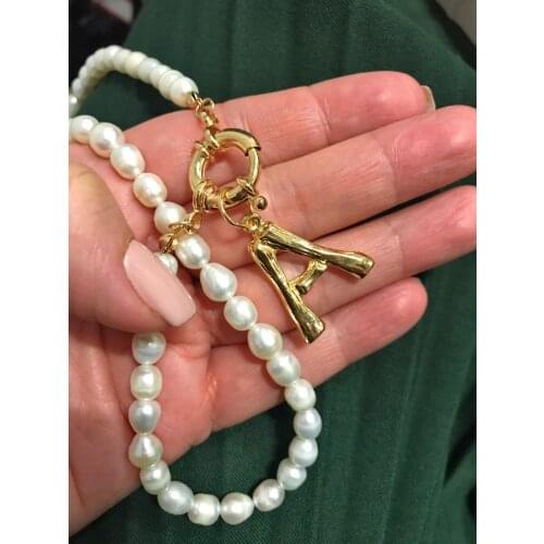 Wholesale Choker Alphabet letter A-Z Initial Real Freshwater Pearl Necklace women Stainless Steel Buckle Pendant Jewelry 2020