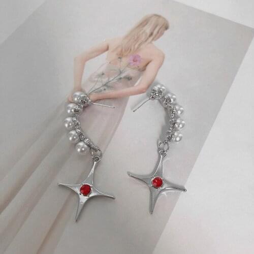 Origin Summer Gothic Simulated Pearls Cross Pendant Earrings for Women Metallic Starburst Red Rhinestone Drop Earrings Brincos