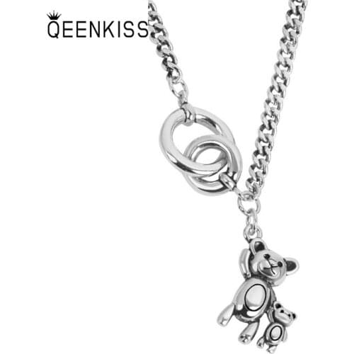 QUEENKISS NC673 2021 Fion Jewelry Wholesale Fashion Lady Girl Birthday Wedding Gift Bear 925 Sterling Silver Pendant Necklace