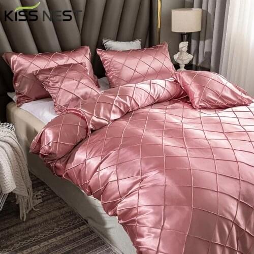 Rayon Silk Bedding Set Home Textile Bed Set Duvet Cover Pillowcases 200x200 /240x220, Plaid Solid Color Simple Style