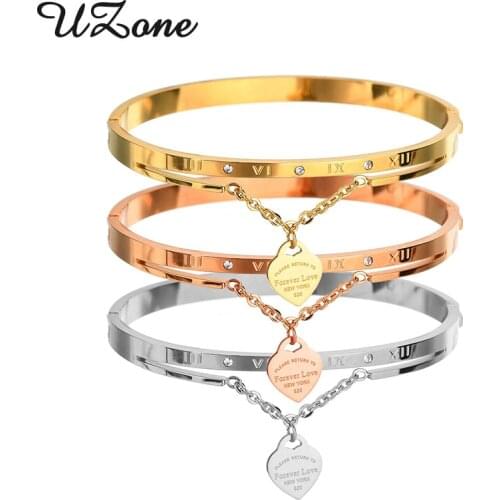 Uzone Fashion CZ Stone Heart Stainless Steel Bangle Forever Love Roman Letter Bangle & Bracelets For Women Jewelry