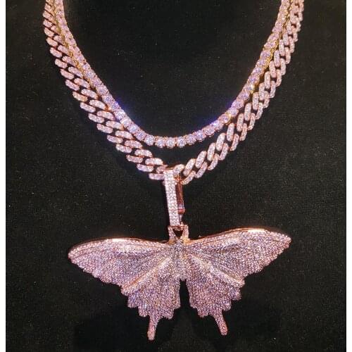 All Pink Cubic Zirconia Pave Bling Ice Out Butterfly Pendants Necklaces Tennis Cuban Chain for Men Women Hip Hop Rapper Jewelry