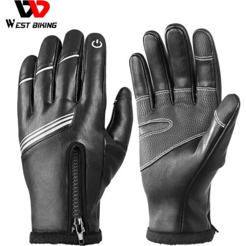 WEST BIKING Winter Cycling Gloves PU Leather Thermal Fleece Touch Screen Outdoor Sport Skiing Climbing Motorcycle Bicycle Gloves