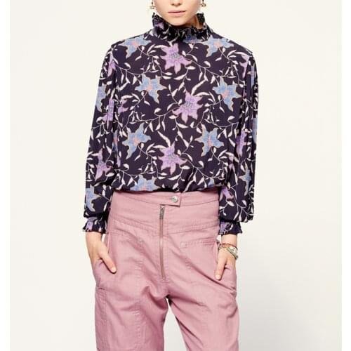 Women Shirt 2020 New Ruffled Floral Shirt Black Cotton