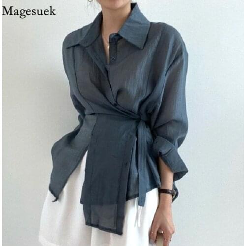 Korean Irregular Sunscreen Shirt Long Sleeve White Elegant Blouse Women Clothing Thin Buckle Lapel Feminine Top Summer 15674