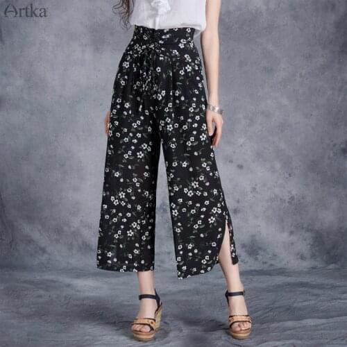 ARTKA 2018 Floral Wide Leg Pants Women Chiffon High Waist Drawstring Casual Calf -Length Pants Side Slit Female Trouser KA10775X