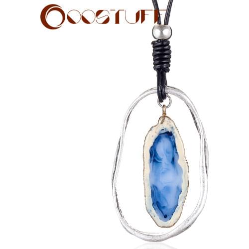 Long Woman Silver Color Necklace Blue Stone Pendant Costume Jewelry Rope Chain Choker Women Accessories Big Pendant for Gifts