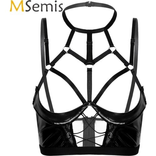 Womens Lingerie Open Cup Bras Halter Neck Hollow Out Strappy Patent Leather Bra Tops Back Zipper Underwire Unlined Brassiere