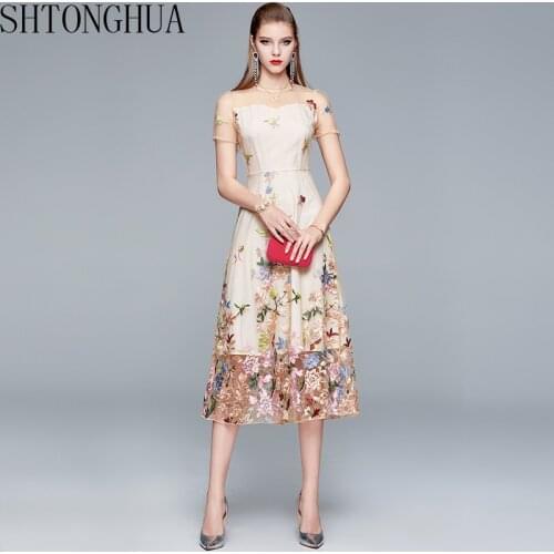 Vintage Girl Mesh Embroidery Fairy Full Dress Cute Beach Summer Embroidery Dress Women Elegant Flower Slim Robe Dress Vestido