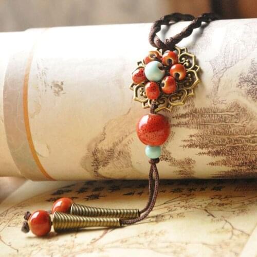 12 Pieces/Lot Braided Rope Necklace Tassel Long Chokers Sweater Accessories Ceramic Handicraft Bead Pendants Retro Chain Jewelry