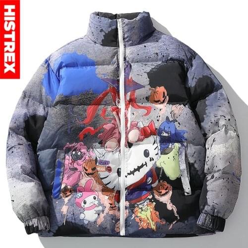 2021 Jacket Parka Funny Japanese Cartoon Graffiti Streetwear Men Windbreaker Harajuku Winter Padded Jacket Coat Warm Outwear