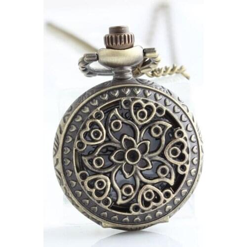 3041)Vintage Bronze Bauhinia Redbud Quartz Pocket Watch Necklace 12pcs/lot, free ship mini size party gift