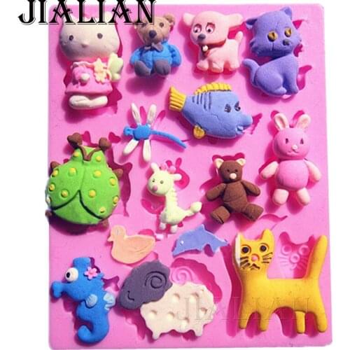 3D Animal dog cat bear rabbit giraffe dragonflie seahors sheep Duck dolphin cake decorating tools DIYfondant silicone mold T0192