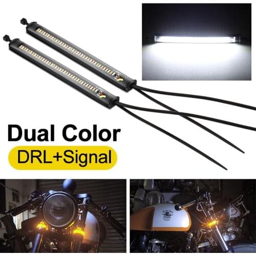 2pcs Dual Color Motorcycle Turn Signal Strip Light Lamp DRL Amber White Moto High Power 3014 Chips Flowing Flexible Strip Lights