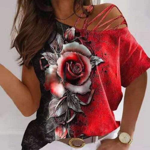 Graphic Tee Womens Rose Printed Strapless Short Sleeve T-shirt Loose Soft And Comfortable Top Summer