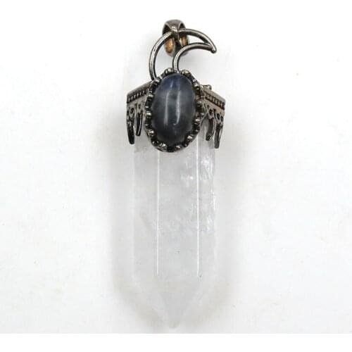 FYSL Antique Silver Plated Crescent Moon Hexagon Column Clear Quartz Pendant Green Aventurine Jewelry