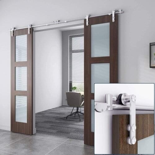 JACHOR 4-16FT Stainless Steel Barn Door Slide Hardware Round Hanging Roller Track System Wood Double Door Hardware Fittings