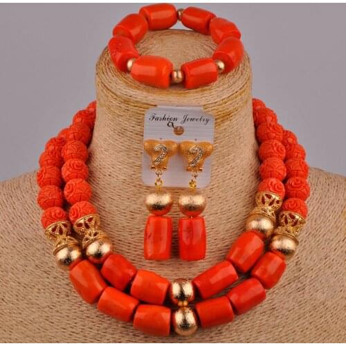 Simple Orange Natural Coral Bead Necklace African Ladies Wedding Dress Accessories Nigeria Wedding Wedding Jewelry Set AU-200