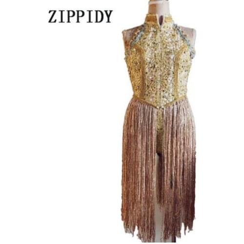 Fashion Gold Embroidery Pearls Rhinestones Sleeveless Tassel Bodysuit Womens Celebrate Outfit Bar Show Singer Dance Clothes