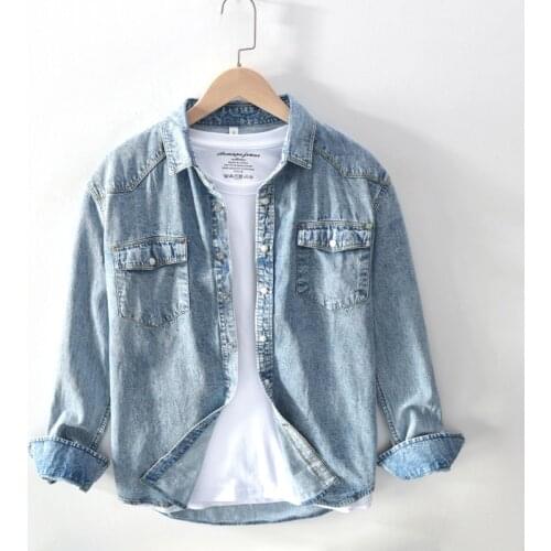 Solid Vintage 100% Cotton Jeans Shirt For Men Long-sleeved Turn Down Collar Cotton Fashion Denim Men Shirts habille homme TS-710