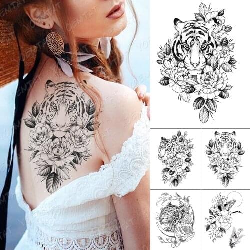 Waterproof Temporary Tattoo Sticker Line Tiger Flowers Flash Tattoos Leopard Bird Moon Body Art Arm Fake Tatoo Women Men