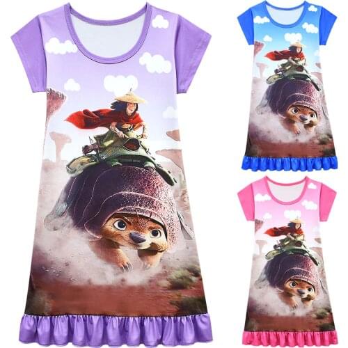 Disney Summer Girls Dress Casual Printed Children Clothing Raya The Last Dragon Dresses Girl Nightdress Pajamas Kids Sleepwear
