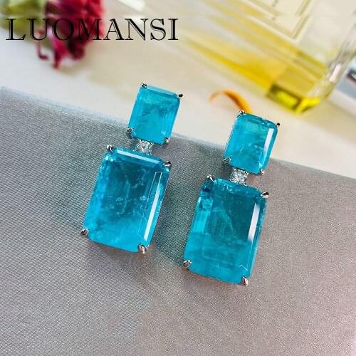 Luomansi Luxury Paraiba Sapphire Stud Earrings Super Flash Jewelry Woman S925 Sterling Silver Pendant Earrings Party Accessories
