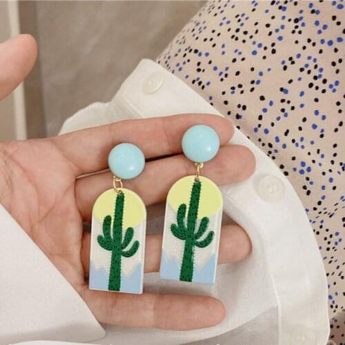 Geometric Plant Cactus Women Jewelry Eardrop Dangle Acrylic Printed Blue Flower Earring