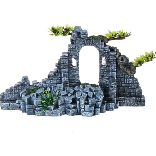 Saim Aquarium Resin Ancient Temple Ruins Ornament Fish Tank Decoration Plastic Aquarium Tree Plants Fishes Shrimp Cave Stone