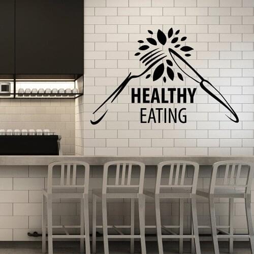 Healthy Eating Wall Stickers For Gym Diet Nutrition Fork Vinyl Wall Decal Decor Kitchen Knife Organic Food Stickers Art W821
