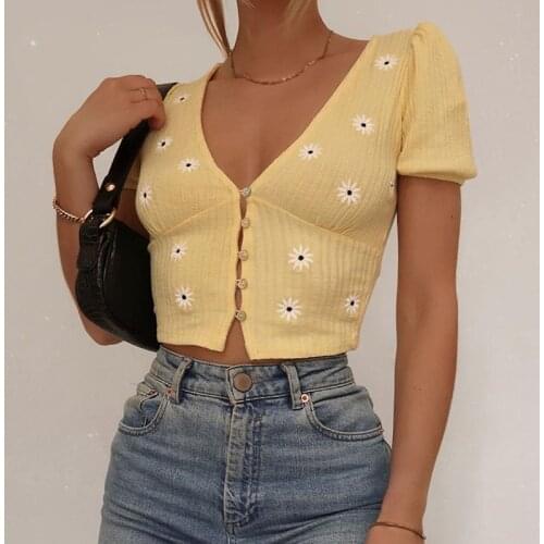Yellow V Neck Short Sleeve Crop Top T Shirt Ladies Embroidery Floral Elegant T-shirt Women Summer Casual Buttons