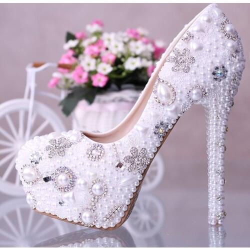 Women The noble pearl Rhinestone flower crystal wedding bride waterproof high-heeled shoes white