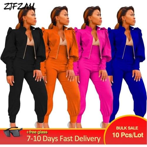 Bulk Items Wholesale Lots Womens Pant Suits Fall Clothing Sense of Design Puff Sleeve Crop Coat and Jogger Pant Active Wear