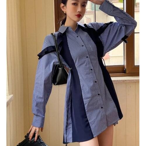 2021 Summer Autumn Stripe Stitching Dress Womens New Loose Lapel Long Sleeves Dresses Female Fashion Clothing X621