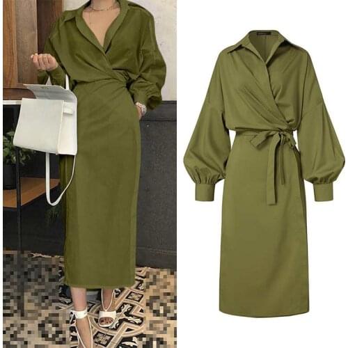Women Casual Belted Shirt Dress Celmia Elegant Lapel Long Sleeve Work Dress 2021 Fashion Pleated Midi Vestido Solid Party Robe 7