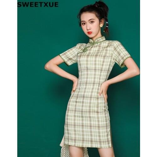 SWEETXUE Womens Retro Improved Literary Girl Plaid Cheongsam Chinese Style Kawaii Daily Student Dresses Female