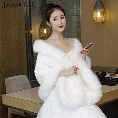 JaneVini Winter Bridal Faux Fur Shawl Wrap White Wedding Coat Cape Jacket Stole Warm Fox Fur Shoulder Wraps Bride Party Boleros