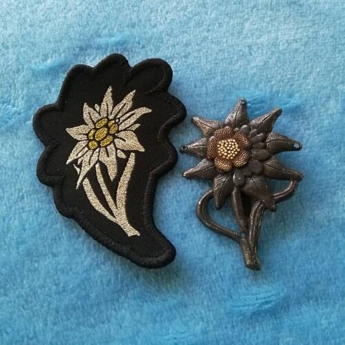 WWII Germany Officer Edelweiss Mountain Cap Badge Pin and Patch Set