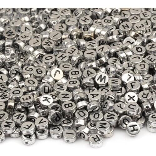 100Pcs 4*7mm Flat Round Silver Color Acrylic Beads Black Letter Beads for Jewelry Making Kid Diy Material Loose Spacer