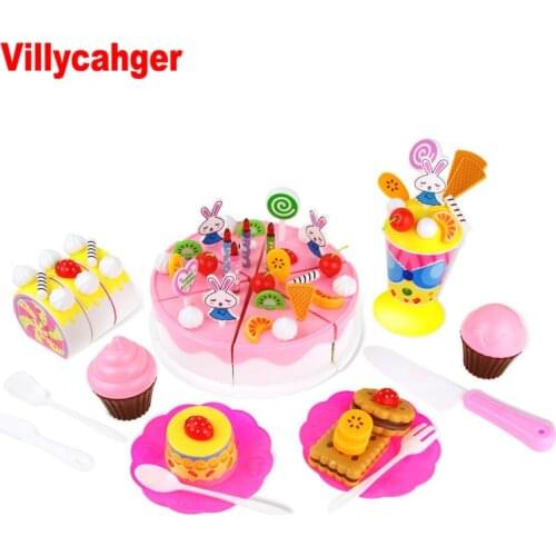70 Pcs/set DIY Happy Birthday Cake Food Fruit Cutting toy set Kids Plastic Pretend Role Play House Kitchen toys Blue Girls gifts