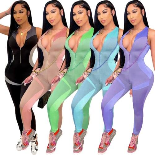 Adogirl Workout Active Wear Jumpsuit Long Sleeve Fitness Sporty Zipper V Neck Sleeveless Overalls for Women Casual Wear Outfits