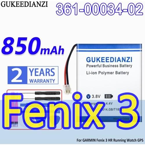 GUKEEDIANZI High Capacity Battery 361-00034-02 850mAh For GARMIN Fenix 3 HR Running Watch GPS Bateria