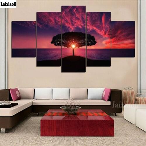 5D DIY Full Square round Diamond Painting Cross Stitch tree of life 3D Embroidery sunset landscape Rhinestone Mosaic 5 pcs decor